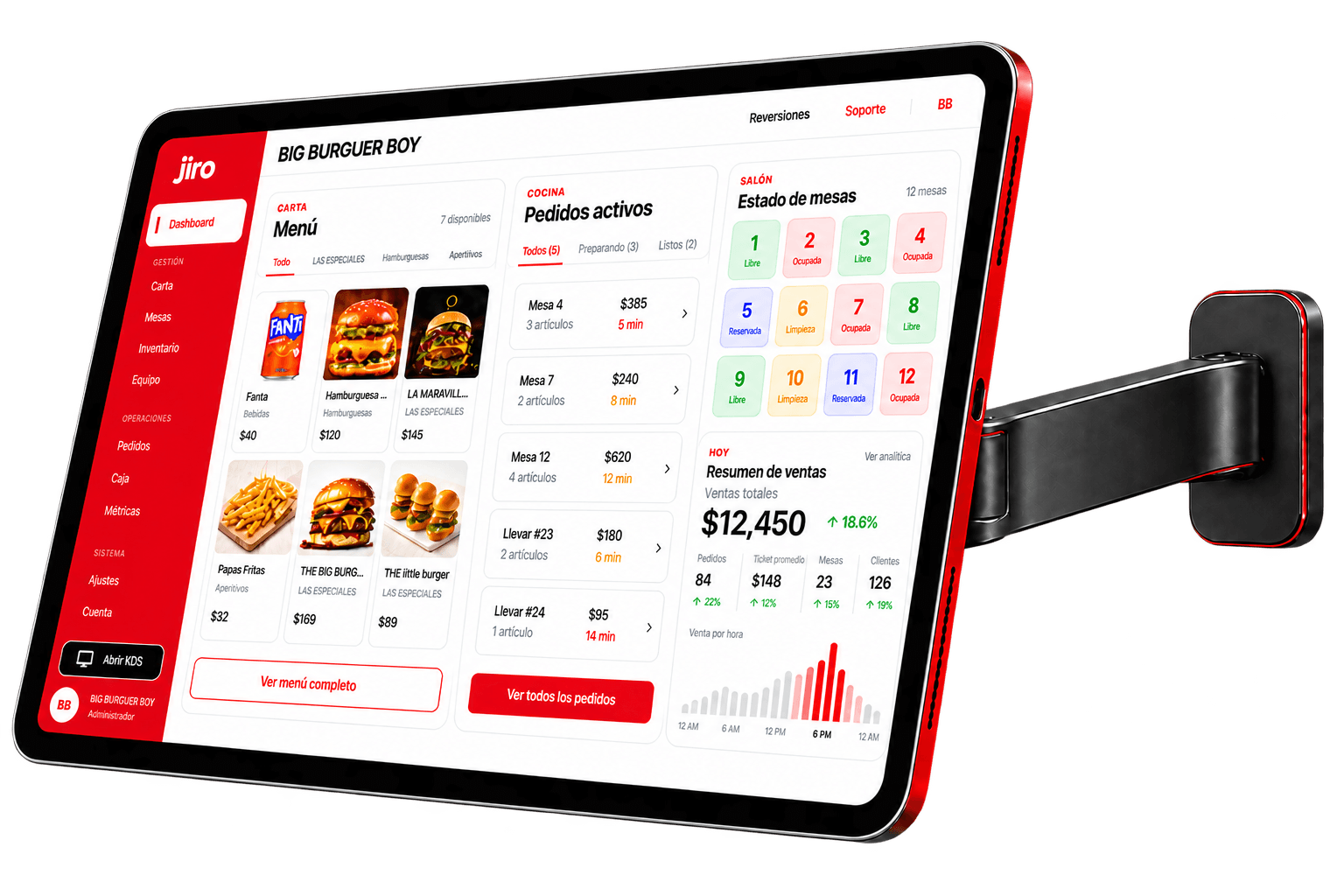 Tablet con el sistema JIRO lista para operar en el restaurante