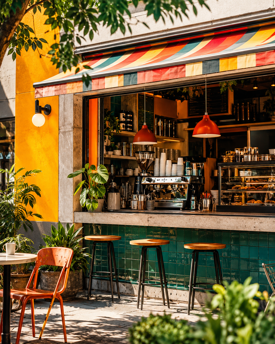 Cafetería con bebidas y ambiente para tomar un café