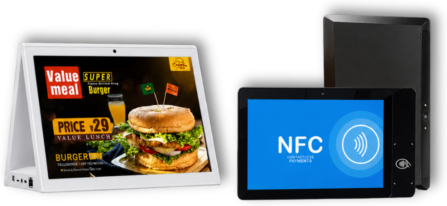 Tablet en mesa con menú digital y terminal de pago NFC de JIRO