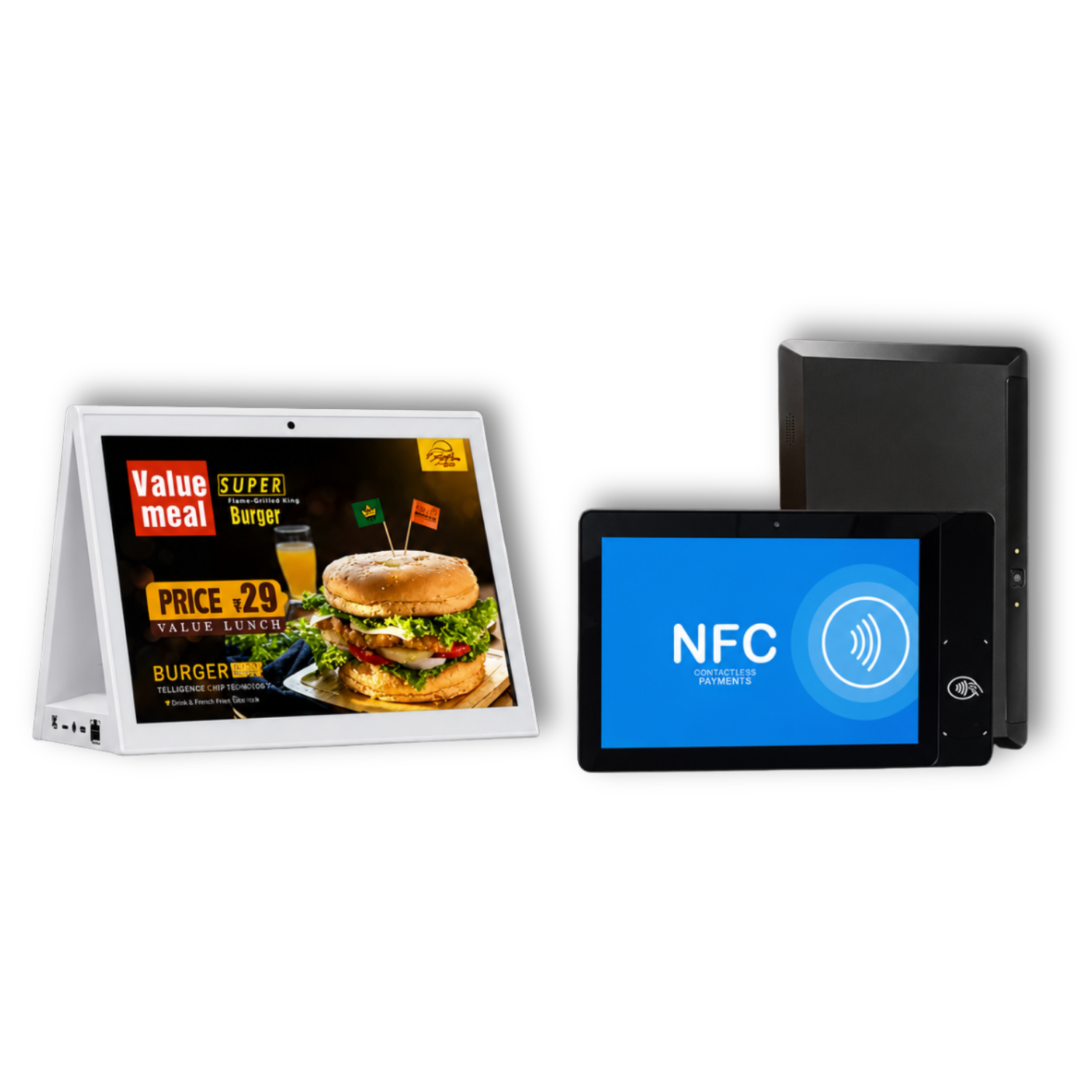 Tablet en mesa con menú digital y terminal de pago NFC de JIRO