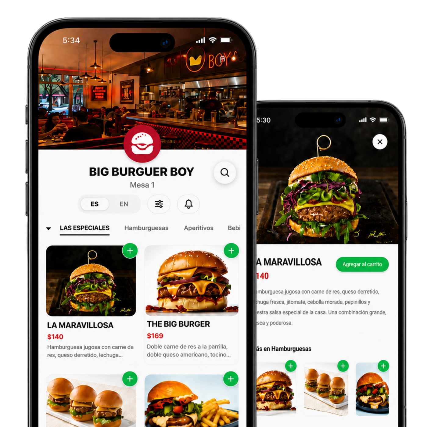 Menú digital en celular: categorías, productos y detalle de pedido desde la mesa