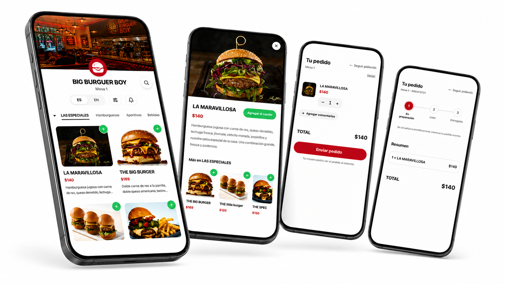 Menú digital JIRO en celular: categorías, detalle de platillo y carrito de pedido